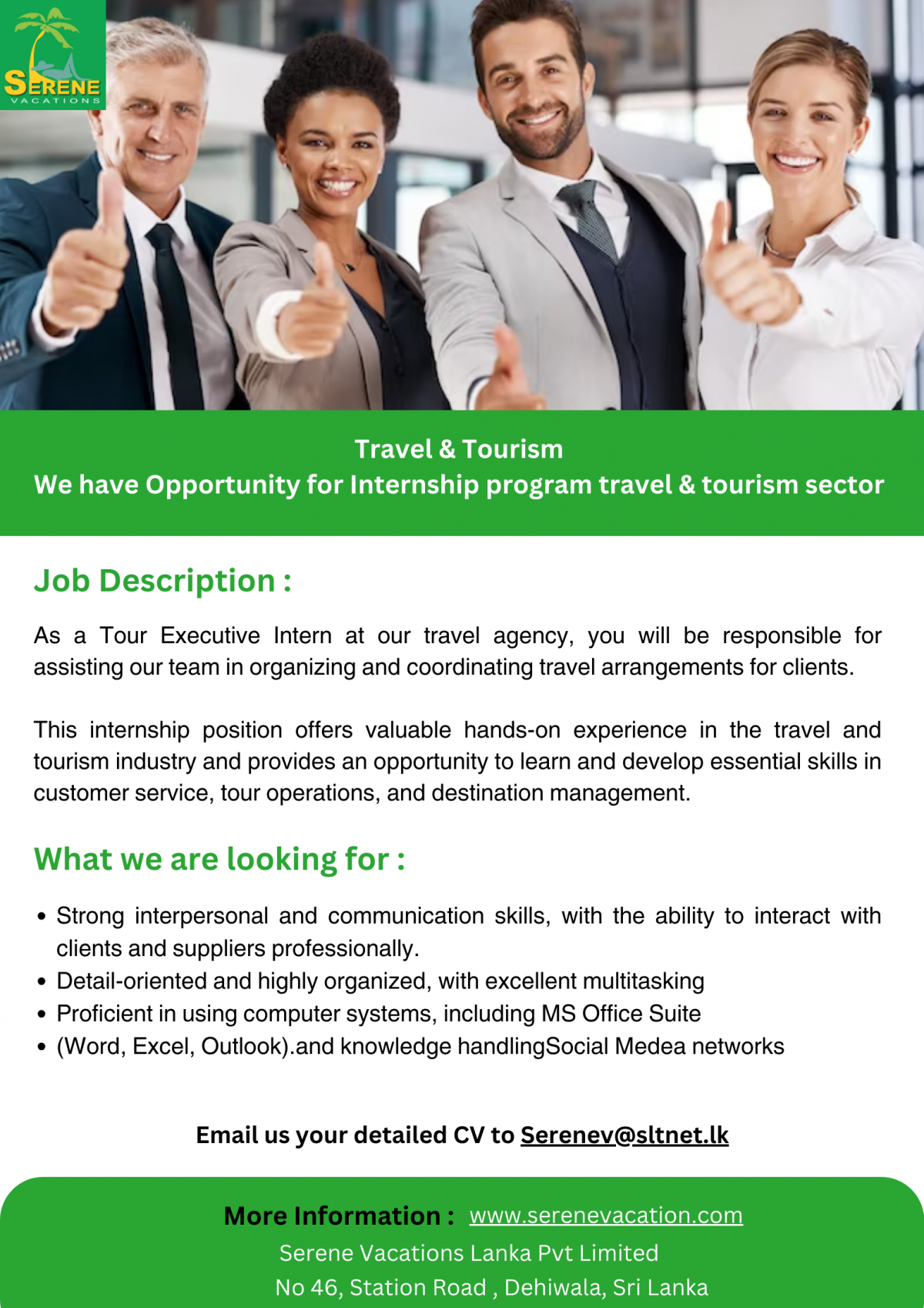 Tour Executives - Internship - Serene Vacations Lanka Pvt Ltd - Jobpal ...